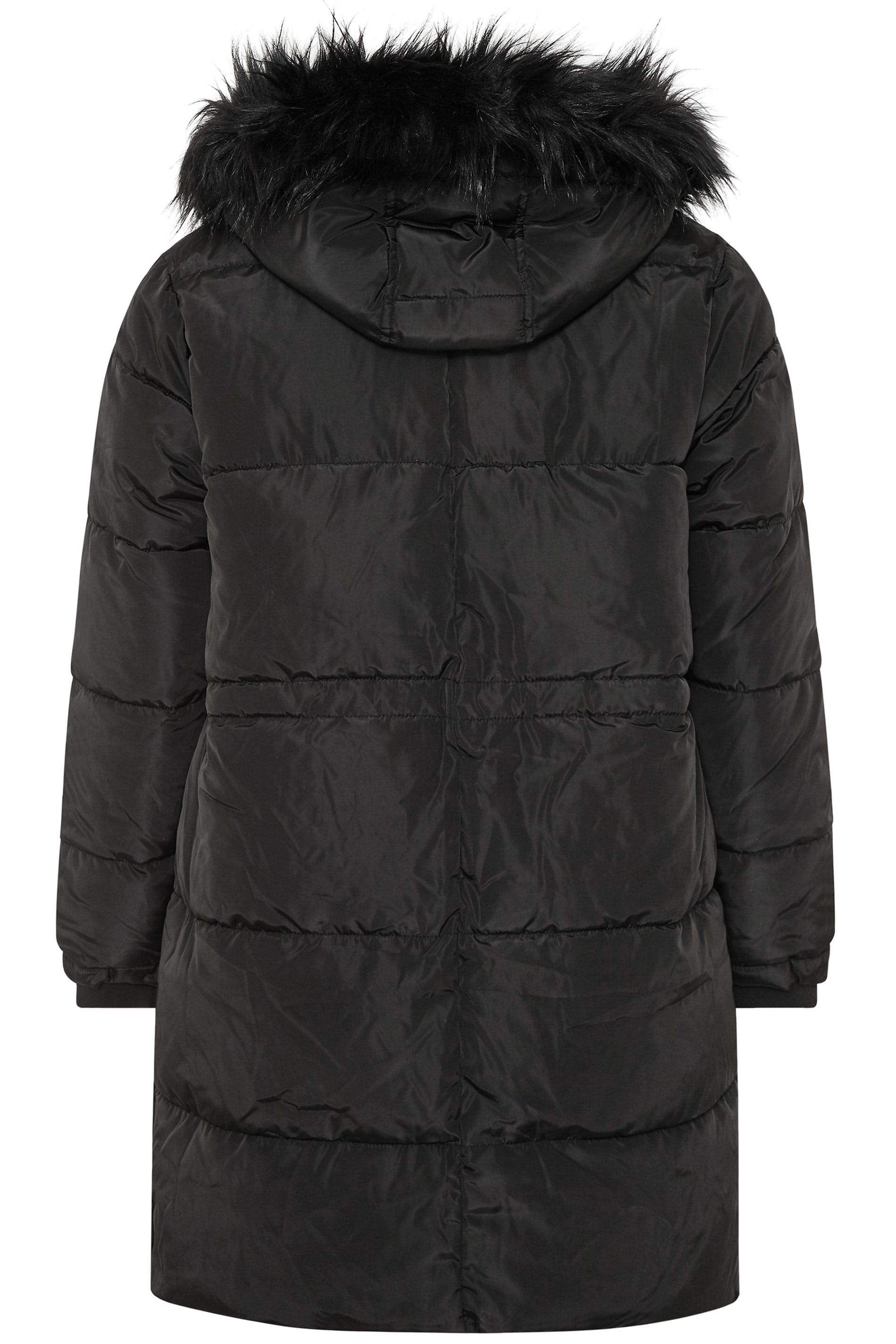 Black Long Faux Fur Trim Puffer Coat | Yours Clothing