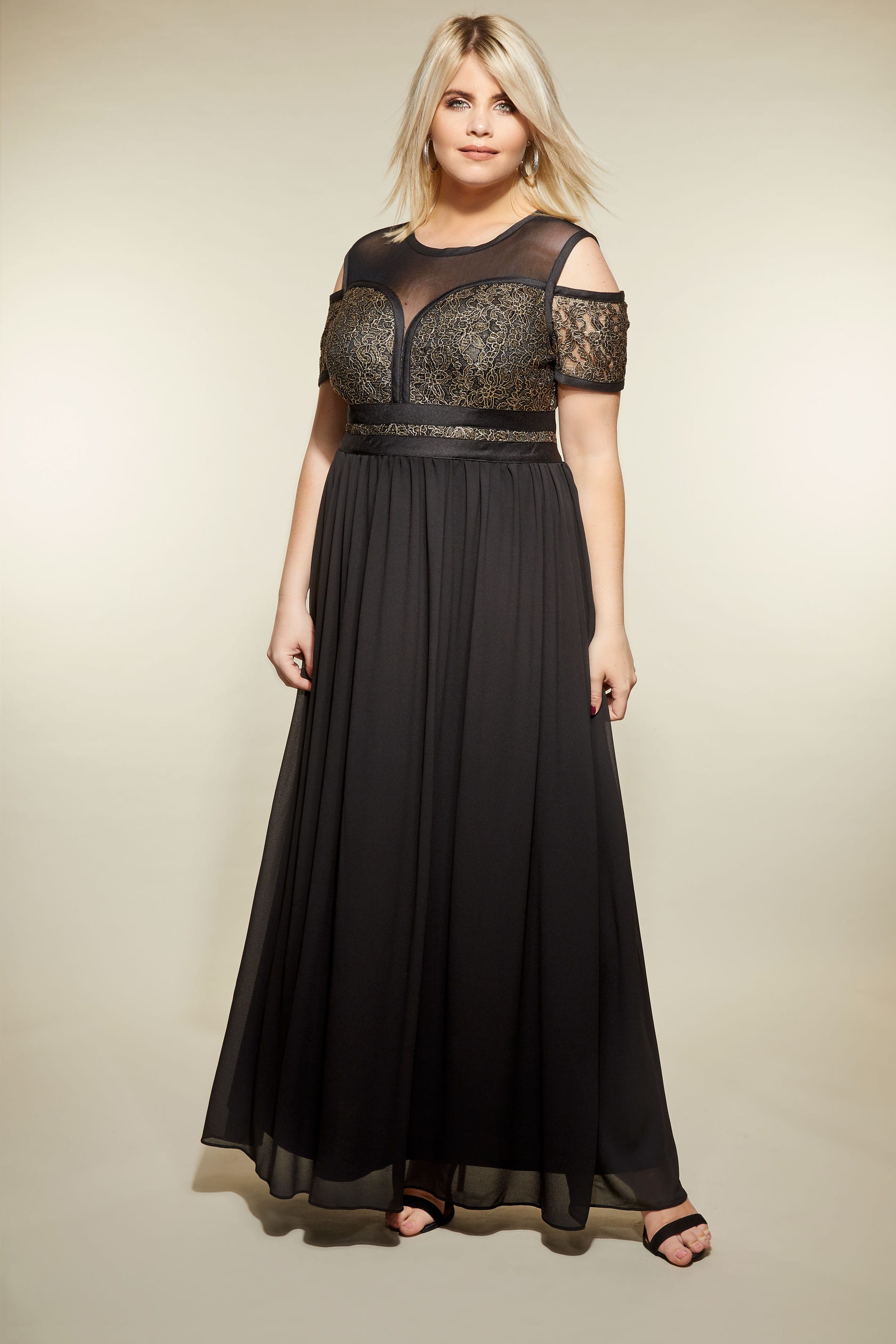 LOVEDROBE Black & Gold Lace & Mesh Maxi Dress, Plus size 16 to 32