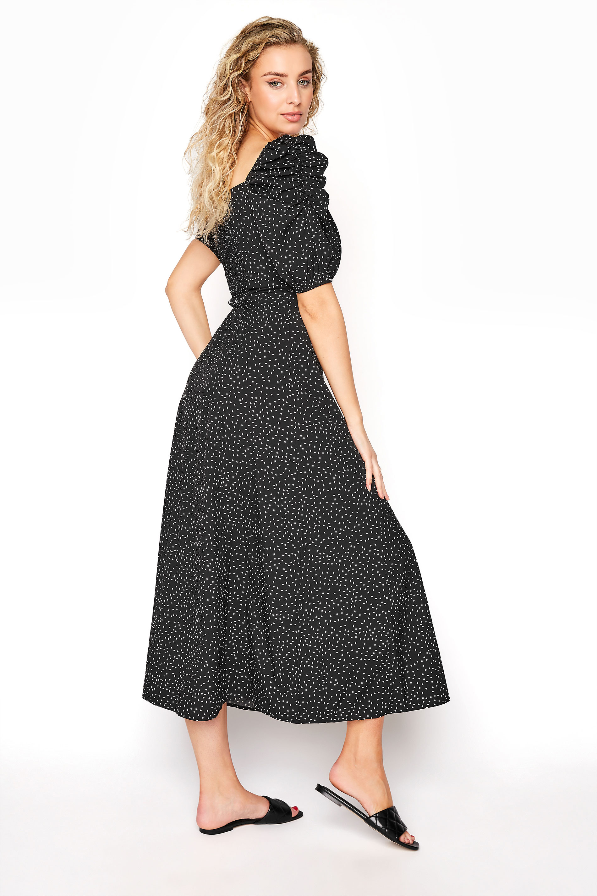 LTS Black Polka Dot Puff Sleeve Midaxi Dress | Long Tall Sally
