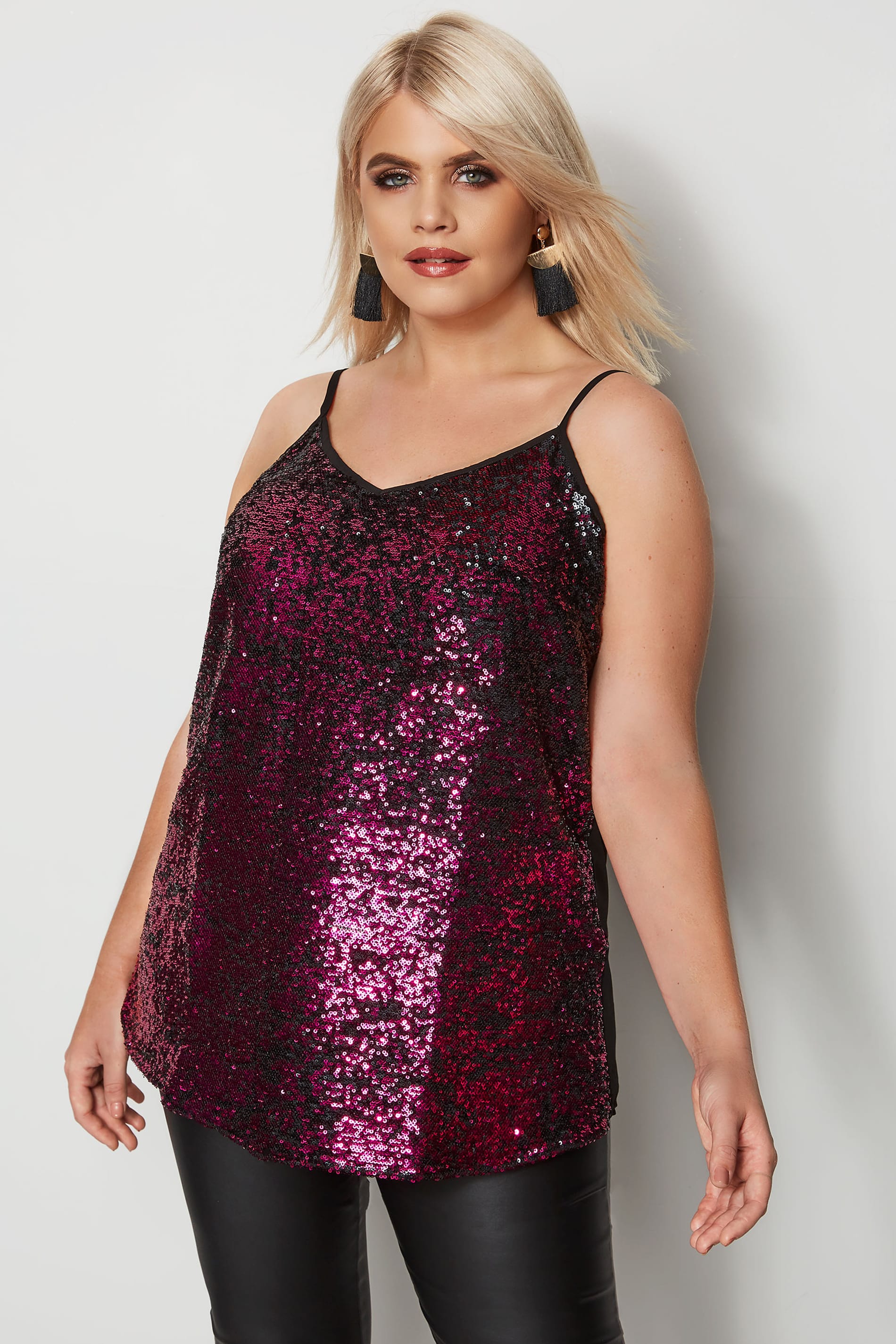 LUXE Black & Pink Sequin Cami | Yours Clothing