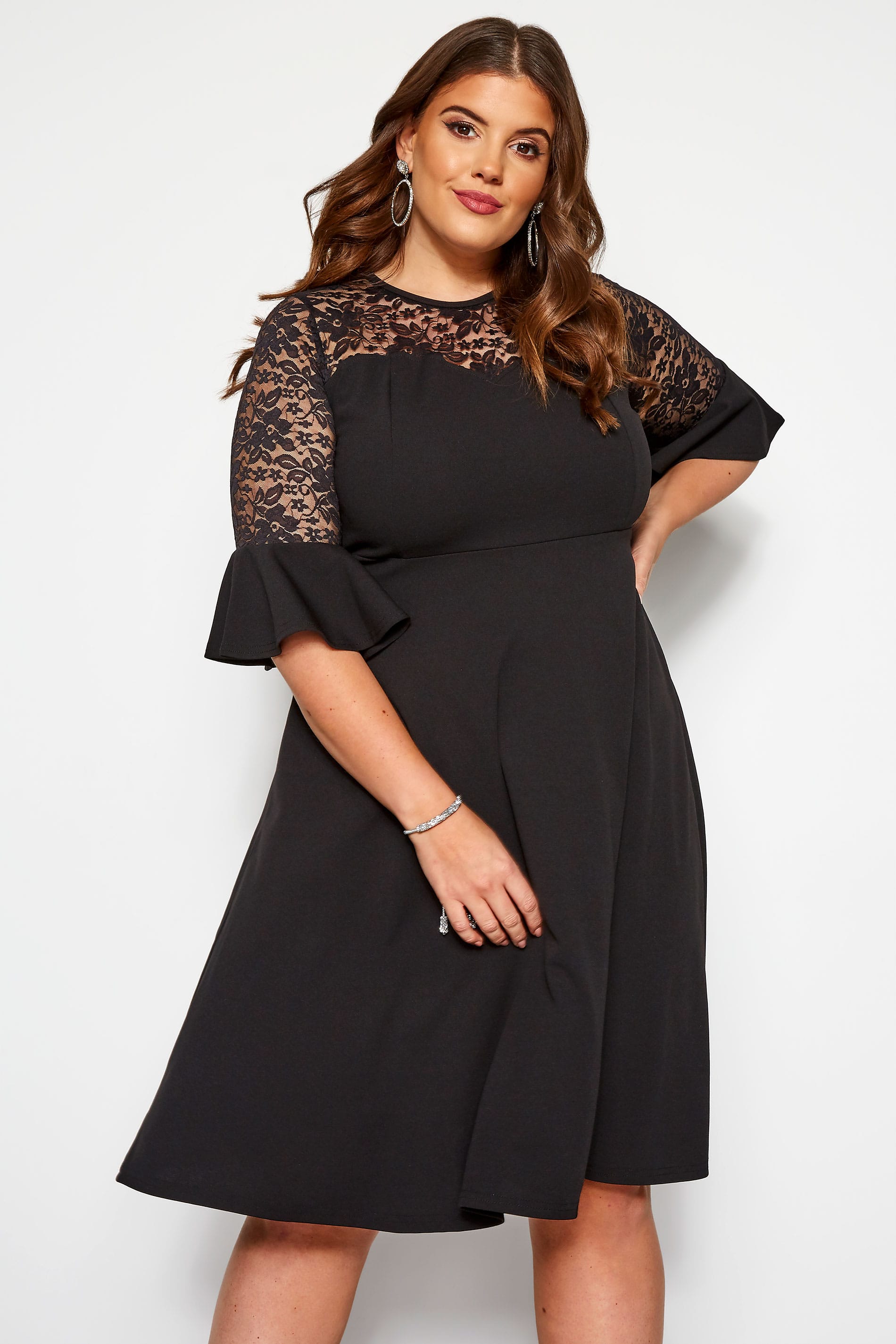Black Lace Skater Dress With Flute Sleeves | Yours Clothing