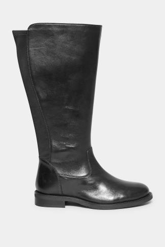 Black Elasticated Knee High Leather Boots In Wide E Fit & Extra Wide ...