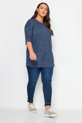 YOURS Plus Size Blue Soft Touch Button Top | Yours Clothing