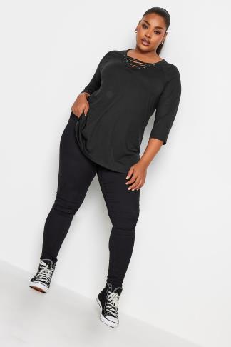 YOURS Plus Size Black Lace Up Eyelet Top | Yours Clothing