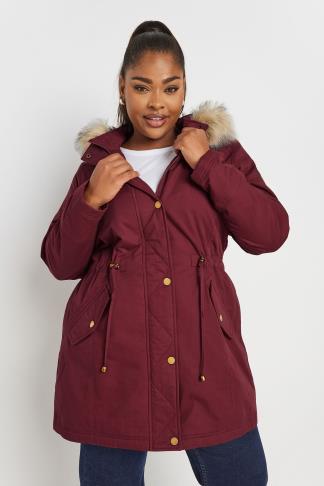 YOURS - Parka met rand van imitatiebont langs capuchon in bessenrood ...