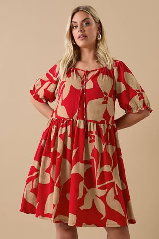 YOURS - Robe Volanté Rouge & Beige Floral Abstrait | Yours Clothing
