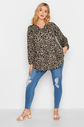 Plus Size Black Leopard Print Pleat Front Top | Yours Clothing