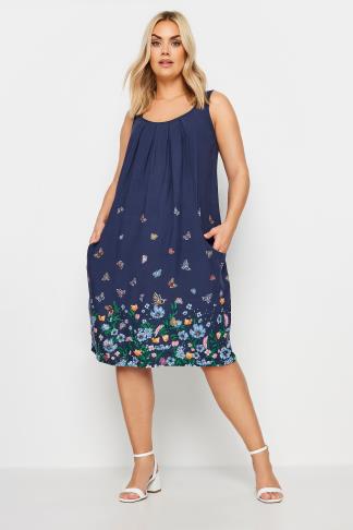 Butterfly Print Navy Blue Long Sleeve Loose Long Dress