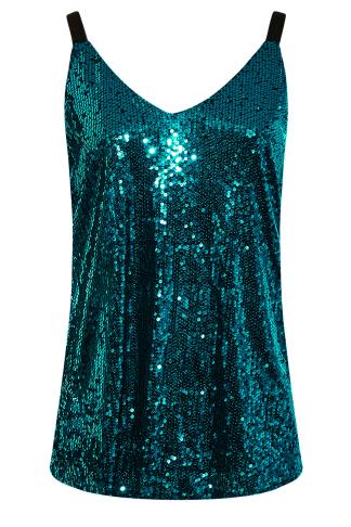 YOURS LONDON Plus Size Teal Blue Sequin Embellished Cami Top | Yours ...