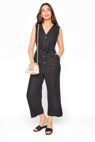 Black Linen Blend Button Front Cropped Jumpsuit | Long Tall Sally