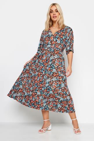 YOURS Plus Size Light Blue Floral Print Midaxi Wrap Dress | Yours Clothing