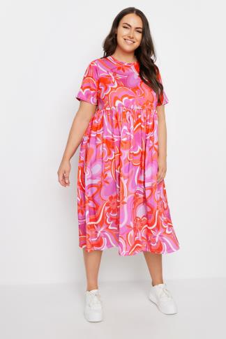 YOURS Plus Size Pink Retro Floral Print Smock Dress | Yours Clothing