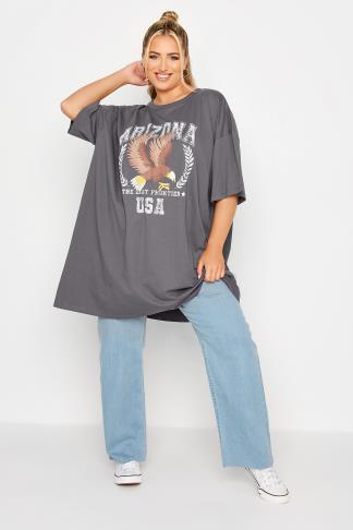 Plus Size Grey Eagle Print Oversized Tunic T-Shirt Dress | Yours Clothing