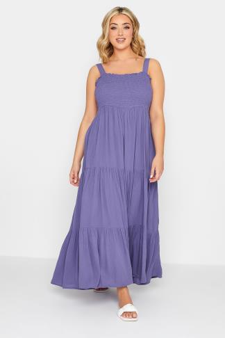YOURS Plus Size Purple Shirred Strappy Sundress | Yours Clothing
