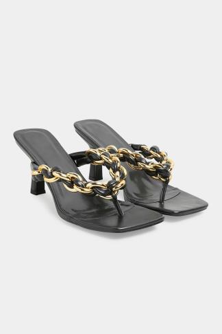 Black Square Toe Post Chain Mules In Standard D Fit | Yours Clothing