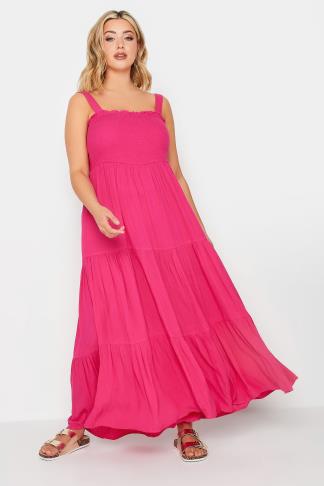 YOURS Plus Size Hot Pink Shirred Strappy Sundress | Yours Clothing