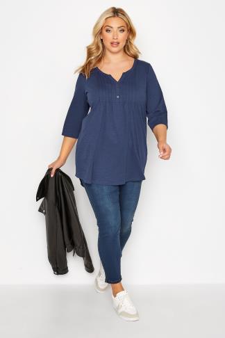 YOURS Curve Plus Size Denim Blue Pintuck Henley T-Shirt | Yours Clothing