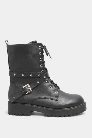 Black Studded Strap Lace Up Chunky Boots In Wide E Fit & Extra Wide EEE ...