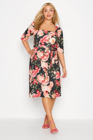 YOURS LONDON Plus Size Black Floral Print Square Neck Dress | Yours ...