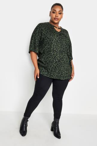 YOURS Plus Size Khaki Green Leopard Print Ring Detail T-Shirt | Yours ...