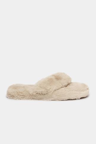 Beige Brown Fluff Toe Post Slippers In Extra Wide EEE Fit | Long Tall Sally
