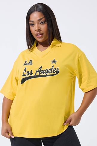 LIMITED COLLECTION Plus Size Yellow 'Los Angeles' Rugby Collar Varsity ...