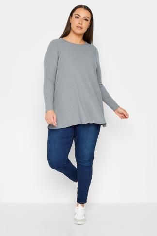 YOURS Plus Size Grey Ribbed Swing T-Shirt | Yours Clothing