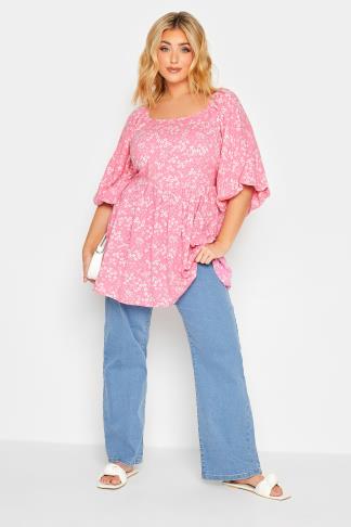 YOURS Plus Size Pink Ditsy Print Balloon Sleeve Top | Yours Clothing