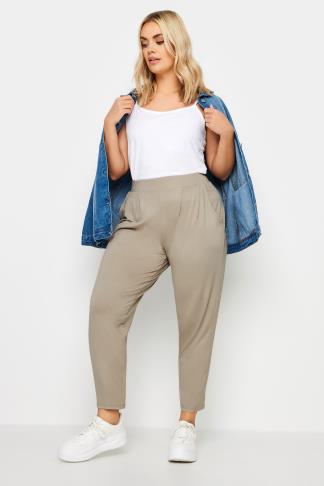 YOURS Plus Size Stone Brown Double Pleat Harem Trousers | Yours Clothing