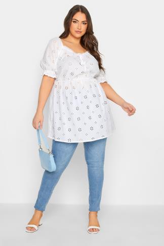 YOURS Plus Size Curve White Broderie Anglaise Peplum Top | Yours Clothing