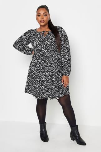 YOURS Plus Size Black Ditsy Floral Print Textured Mini Dress | Yours ...