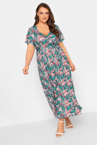 YOURS Curve Plus Size Red Leaf Print Maxi Wrap Dress | Yours Clothing