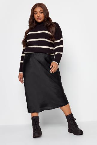 YOURS Plus Size Black Satin Midi Skirt | Yours Clothing