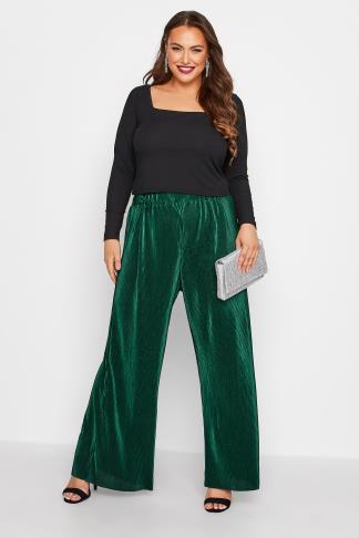 Plus Size Emerald Green Plisse Wide Leg Trousers | Yours Clothing