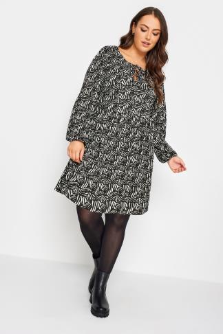 YOURS Plus Size Black & White Abstract Print Long Sleeve Mini Dress ...