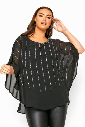 YOURS LONDON Black Chiffon Sequin Embellished Cape Top | Yours Clothing