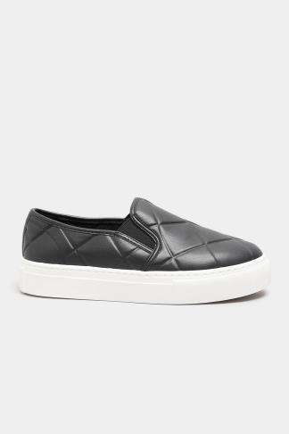Black Quilted Slip-On Trainers In Extra Wide Fit | Yours Clothing