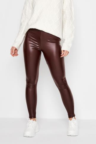 Petite Burgundy Coated Leather-Look Zip Leggings