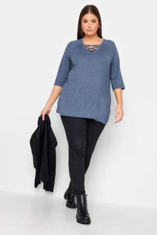 YOURS Plus Size Blue Marl Lace Up Eyelet Top | Yours Clothing