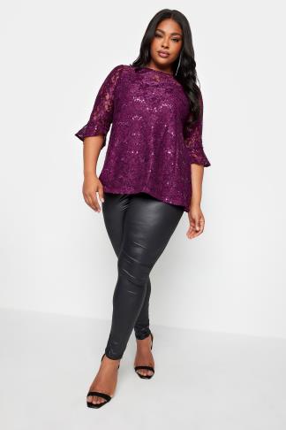 YOURS Plus Size Purple Lace Sequin Embellished Swing Top | Yours Clothing