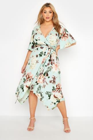 YOURS LONDON Plus Size Sage Green Floral Hanky Hem Dress | Yours Clothing