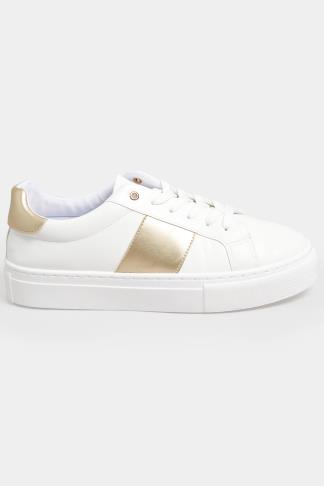 LIMITED COLLECTION White & Gold Stripe Trainers In Wide EEE Fit | Yours ...