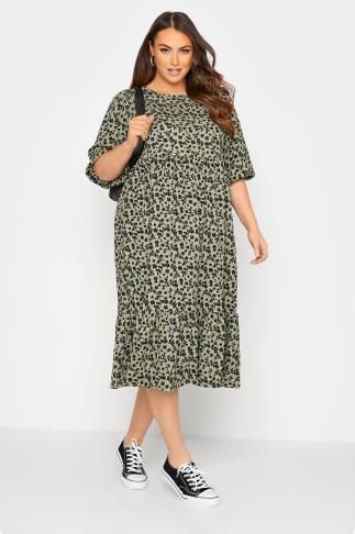 Plus Size Khaki Green Floral Print Tiered Midi Dress | Yours Clothing