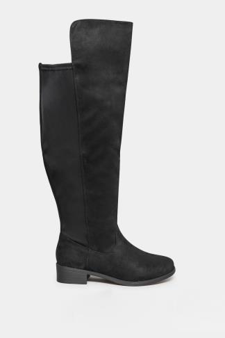 Black Faux Suede Stretch Over The Knee Boots In Wide E Fit & Extra Wide ...