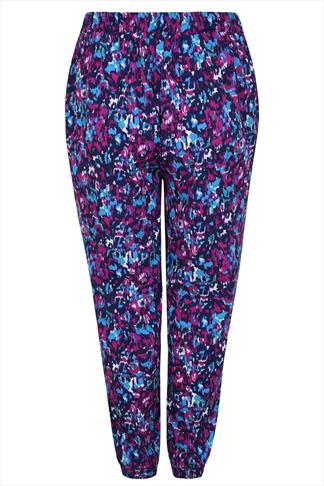 Purple & Blue Brush Stroke Print Harem Trousers With Pockets Plus size ...