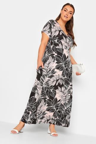 YOURS Curve Black & Pink Leaf Print Midaxi Wrap Dress | Yours Clothing
