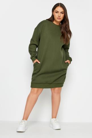 YOURS Plus Size Khaki Green Sweatshirt Dress | Yours Clothing