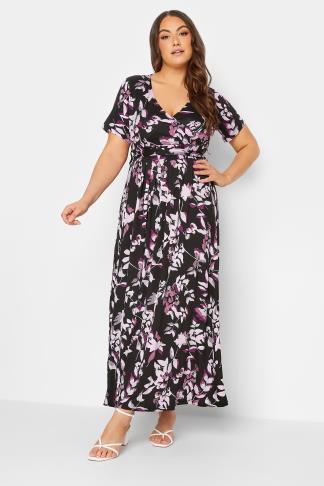 YOURS Curve Plus Size Black Leaf Print Wrap Maxi Dress | Yours Clothing