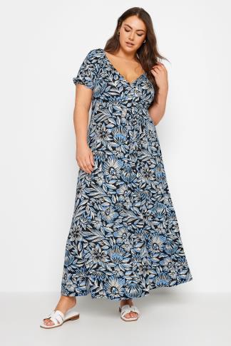 YOURS Plus Size Blue Floral Print Tiered Maxi Dress | Yours Clothing