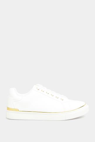 Plus Size White & Gold Hardware Trainers In Extra Wide Fit | Yours Clothing